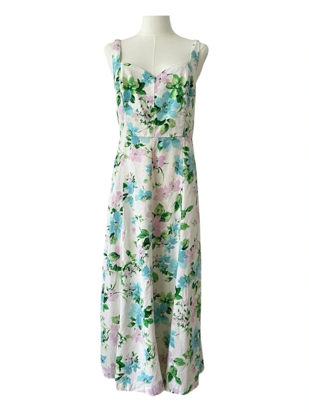 Old Navy Fit & Flare Linen Blend Midi Dress Sz L White Floral Pockets Sundress - Picture 2 of 16